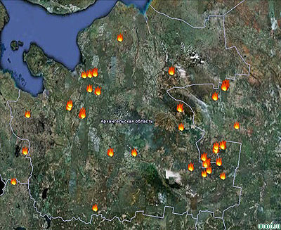 Лесные пожары в архангельской области карта